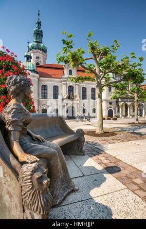 Memorial to Daisy, Princess of Pless (Daisy Hochberg von Pless), Evangelical Church behind, Rynek in Pszczyna, Silesia, Poland Stock Photo