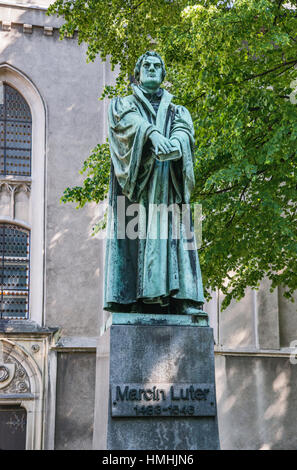 Martin Luther statue, 1900, by Franz Vogel, Evangelical city quarter in Bielsko-Biala, Silesia, Poland Stock Photo