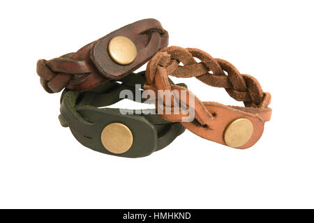 Three handmade leather bracelets isolated against a white background Stock Photo