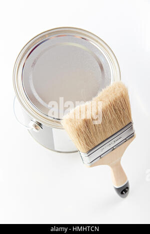 new paint bucker and brush isolated on white Stock Photo