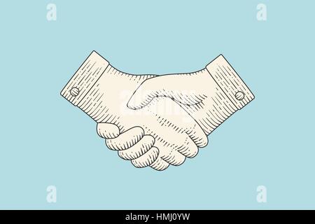 Vintage drawing of handshake in engraving style Stock Vector