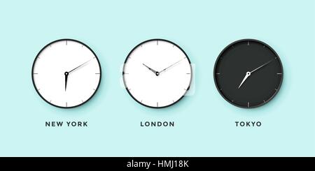 Set of day and night clock for time zones different cities. Black and white watch on a mint background Stock Vector