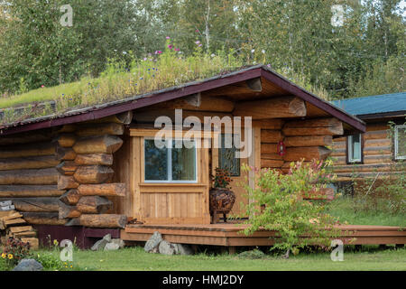 AUGUST 25, 2016 - A sod roof log cabin Nenana Alaska south of Fairbanks Stock Photo