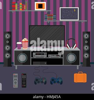 Vector illustration apartment with a home cinema. Illustration flat TV. Stock Vector