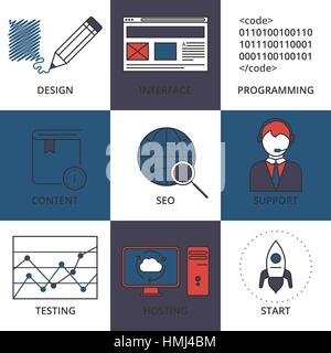 Vector illustration of a set of linear icons web design . Thin icon creation and support . Business illustration. Stock Vector
