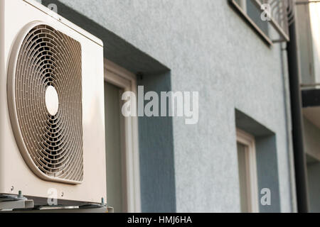 Air condiioners on fasade of reidenial apartmen building. Stock Photo
