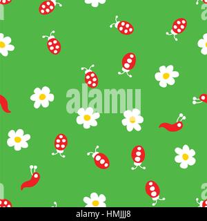 Ladybug, worm and flowers seamless pattern. Cartoon ladybirds on grass green background. Vector illustration. Stock Vector
