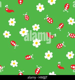 Ladybug, worm and flowers seamless pattern. Cartoon ladybirds on grass green background. Vector illustration. Stock Vector