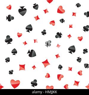 Playing cards suits seamless pattern. Random placed heart, diamond, club, spade on white vector background. Gambling repeating texture. Stock Vector