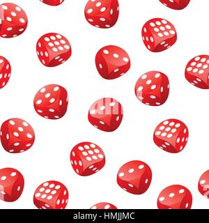 Seamless pattern of red gambling dices in motion randomly placed on white background. Adobe Illustrator EPS8 file. Stock Vector