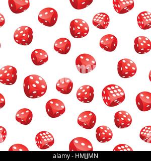 Seamless pattern of red gambling dices in motion randomly placed on white background. Adobe Illustrator EPS8 file. Stock Vector