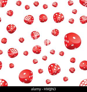 Seamless pattern of red gambling dices in motion randomly placed on white background. Adobe Illustrator EPS8 file. Stock Vector