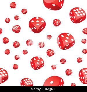 Seamless pattern of red gambling dices in motion randomly placed on white background. Adobe Illustrator EPS8 file. Stock Vector