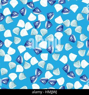 Diamonds randomly placed over sky blue background seamless pattern. Crystal clear brilliant jewels repeating texture. EPS8 vector illustration. Stock Vector
