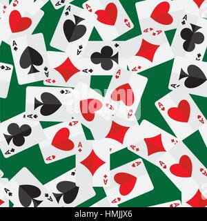 Seamless pattern of aces playing cards randomly placed over green background. Gambling repeating texture in EPS8 vector format. Stock Vector
