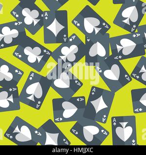 Seamless pattern of aces playing cards randomly placed over green background. Gambling repeating texture in EPS8 vector format. Stock Vector