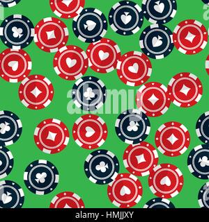 Casino gambling chips randomly placed over green background. Vector seamless pattern. Repeating texture in EPS8 format. Stock Vector