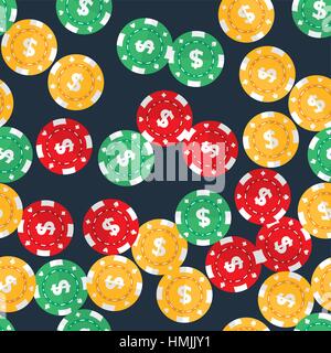Casino gambling chips randomly placed over dark solid background. Vector seamless pattern. Repeating texture in EPS8 format. Stock Vector