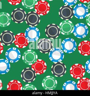 Casino gambling chips randomly placed over green background. Vector seamless pattern. Repeating texture in EPS8 format. Stock Vector