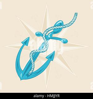 Anchor with ribbon on beige background with compass. Vector vintage illustration. Hand drawn in a graphic style. Stock Vector