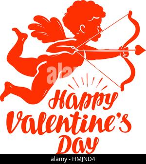 Happy Valentine's Day, greeting card. Flying angel or cupid with bow and arrow. Vector illustration isolated on white background Stock Vector