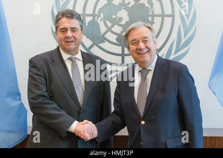 New York, United States. 03rd Feb, 2017. Following his official visit to Washington, DC where he held meetings with officials from President Donald Trump's administration, German Foreign Minister Sigmar Gabriel met with United Nations Secretary-General Antonio Guterres in the Executive Suite at UN Headquarters' Secretariat Building in New York. Credit: Albin Lohr-Jones/Pacific Press/Alamy Live News Stock Photo