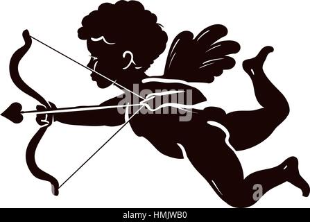 Silhouette angel, cupid or cherub with bow and arrow. Vector illustration isolated on white background Stock Vector