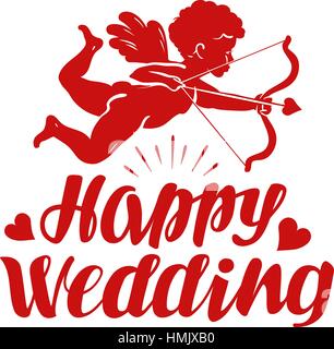 Happy wedding, greeting card. Flying angel, cherub or cupid with bow and arrow Stock Vector