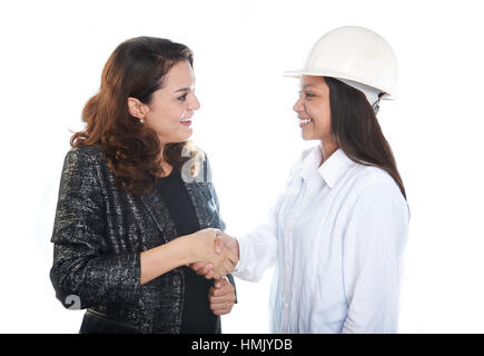 architect and constructor shaking hands on a white background Stock Photo