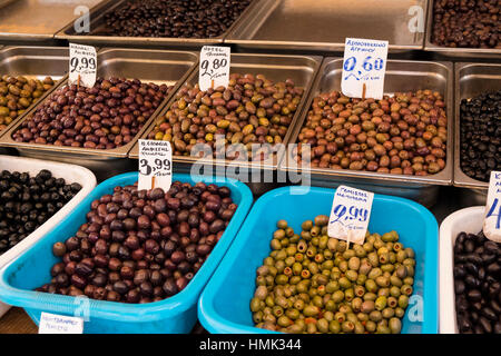 Greek olives, market hall, Central Market, Kentrikí Agorá, Athens, Greece Stock Photo