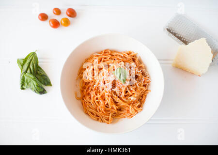 Tomato Pasta Flat Lay on White Background Stock Photo