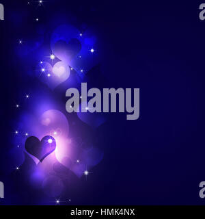 abstract holiday valentine blue background with blurry hearts and lights Stock Photo