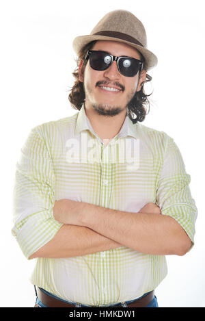 smile beard man in hat with crossed arms isolated Stock Photo