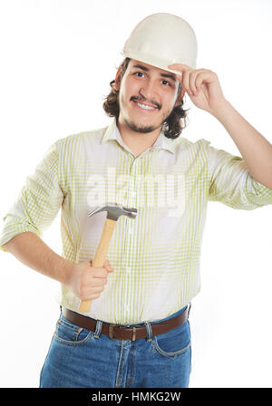 young beard man holding hammer isolated on white Stock Photo