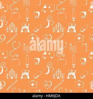 Orange seamless pattern-medical items. This illustration is drawn with a pencil. Stock Vector