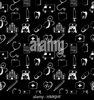 Black seamless pattern-medical items. This illustration is drawn with a pencil. Stock Vector