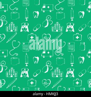 Green seamless pattern-medical items. This illustration is drawn with a pencil. Stock Vector