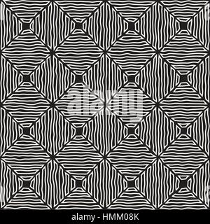 Rhombus Rough Hand Drawn Lines. Vector Seamless Black and White Pattern Stock Vector