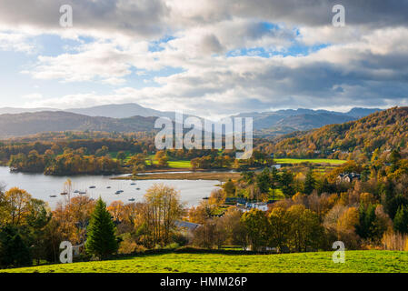 View over Waterhead and Windermere lake from Wansfell in the Lake District National Park, Cumbria, England. Stock Photo