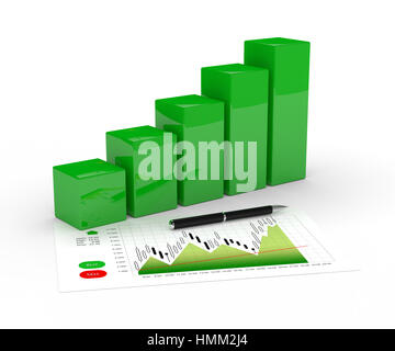 3d rendering of chart growth and pen isolated over white background Stock Photo