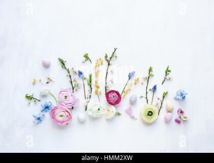 Flat lay still life of spring fresh flowers and mini eggs arranged in a row on painted white and grey backdrop natural light Stock Photo