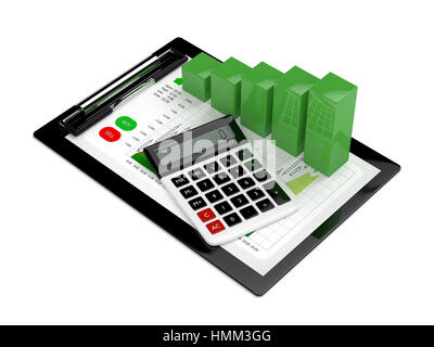 3d rendering of chart growth with calculator and clipboard isolated over white Stock Photo