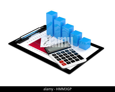 3d rendering of falling chart with calculator and clipboard isolated over white Stock Photo