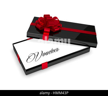 3d rendering of voucher in elegant gift box with open lid isolated over white background Stock Photo