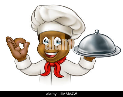 A black chef cartoon character holding a plate or platter cloche Stock Photo