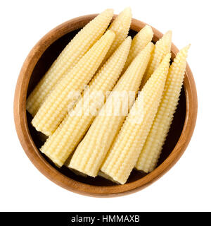 Pickled whole baby corn in wooden bowl. Preserved small cooked corn with bright yellow color in a solution of vinegar and salt. Macro photo. Stock Photo