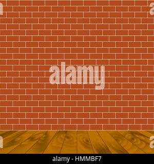 Red brick wall and wooden floor, architectural background. Vector illustration of interior. Stock Vector