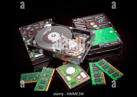 3 full sized hard disks,  1 mini hard disk and 4 laptop memory modules Stock Photo