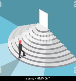 Flat 3d isometric businessman walking up staircase to the door with bright light, new opportunities and career success concept Stock Vector