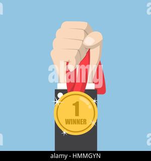 Businessman hand holding winner medal, competition winner concept Stock Vector